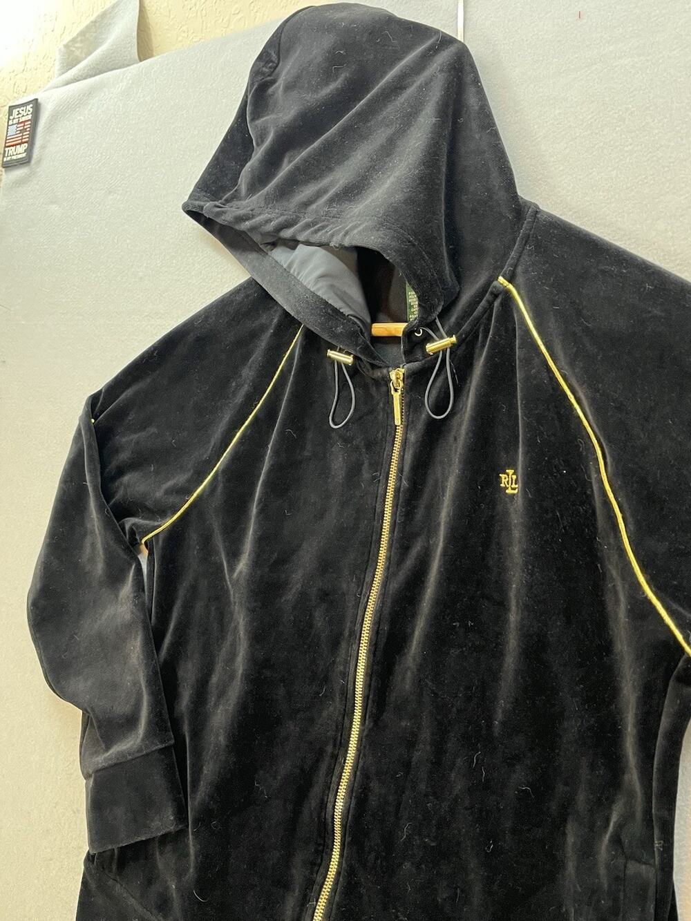 Lauren Ralph Lauren Womens L Black Velour Full Zip Hoodie Gold Zipper Tracksuit